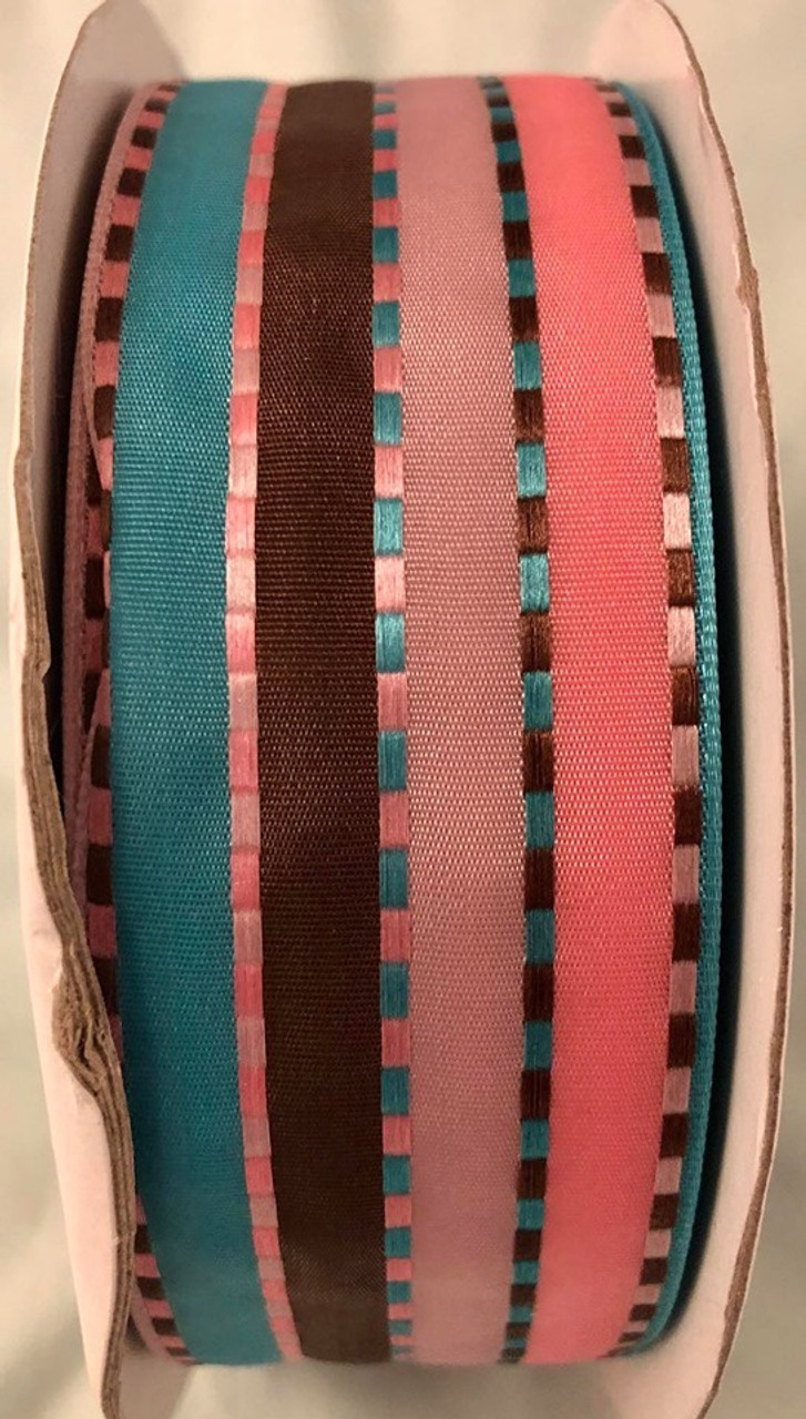 Pink/Teal/Brown Striped Wired Edge Taffeta Ribbon - per metre
