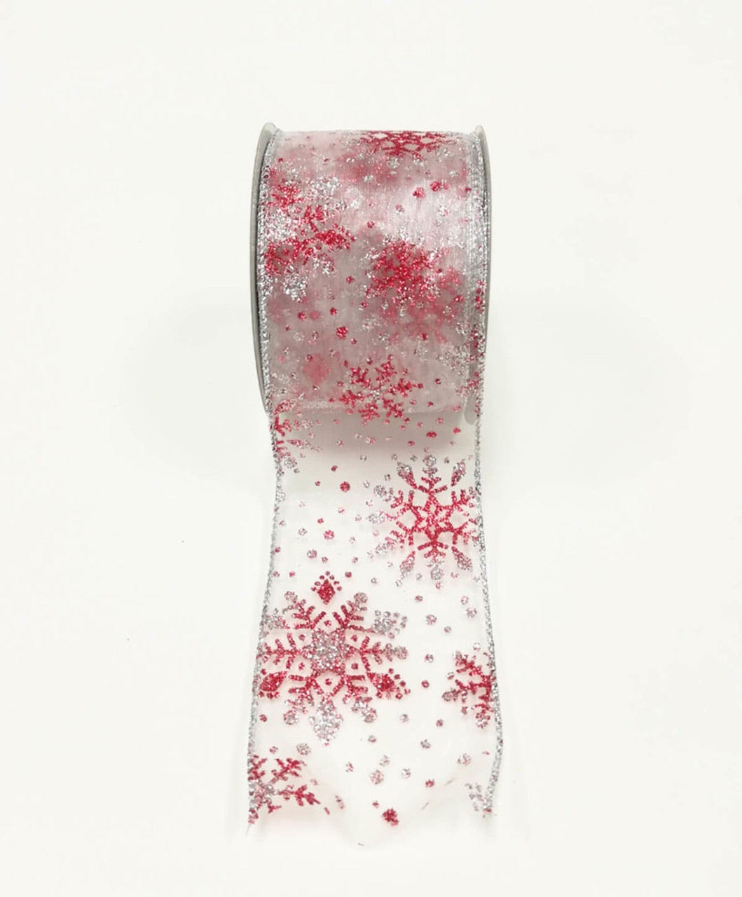 Red/Silver Snowflake Organza Wire Edge Ribbon - per metre