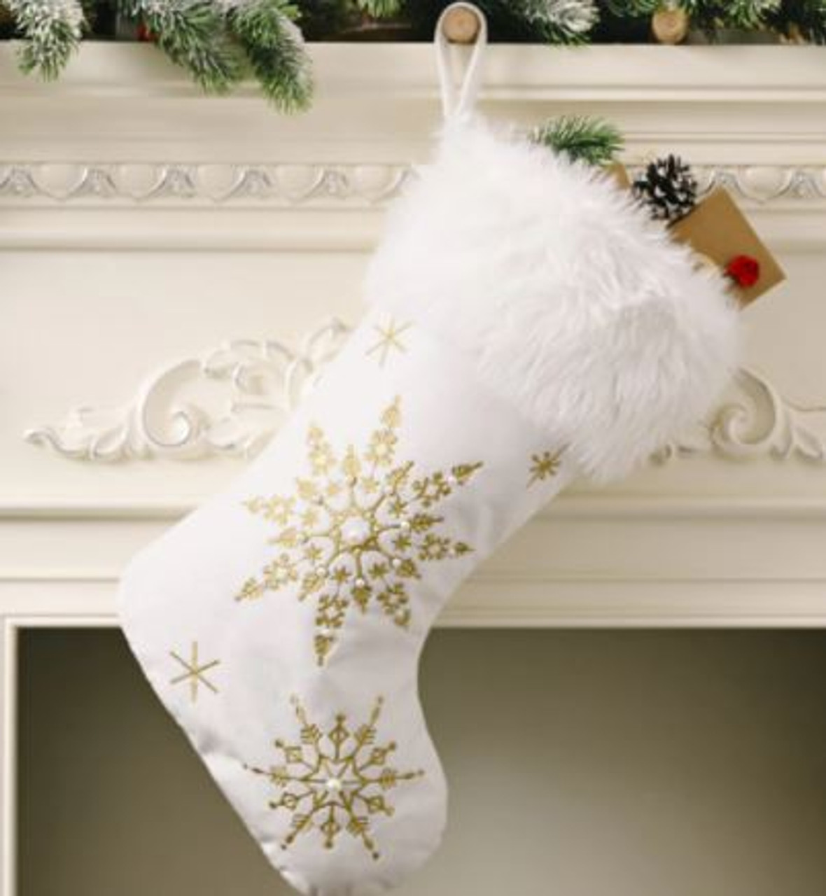 Cream Stocking with Gold Snowflakes