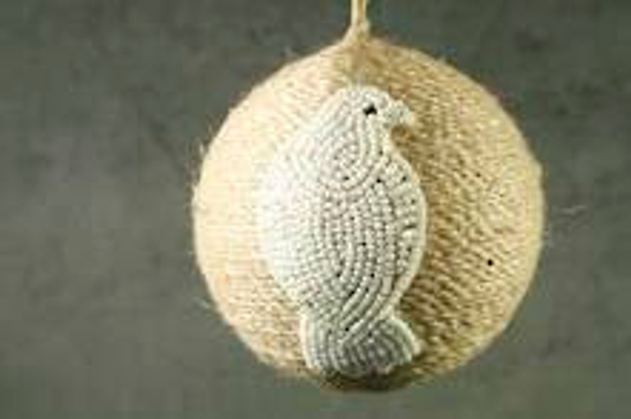 10cmD Jute Ball with White Beaded Wood Pigeon Hanger