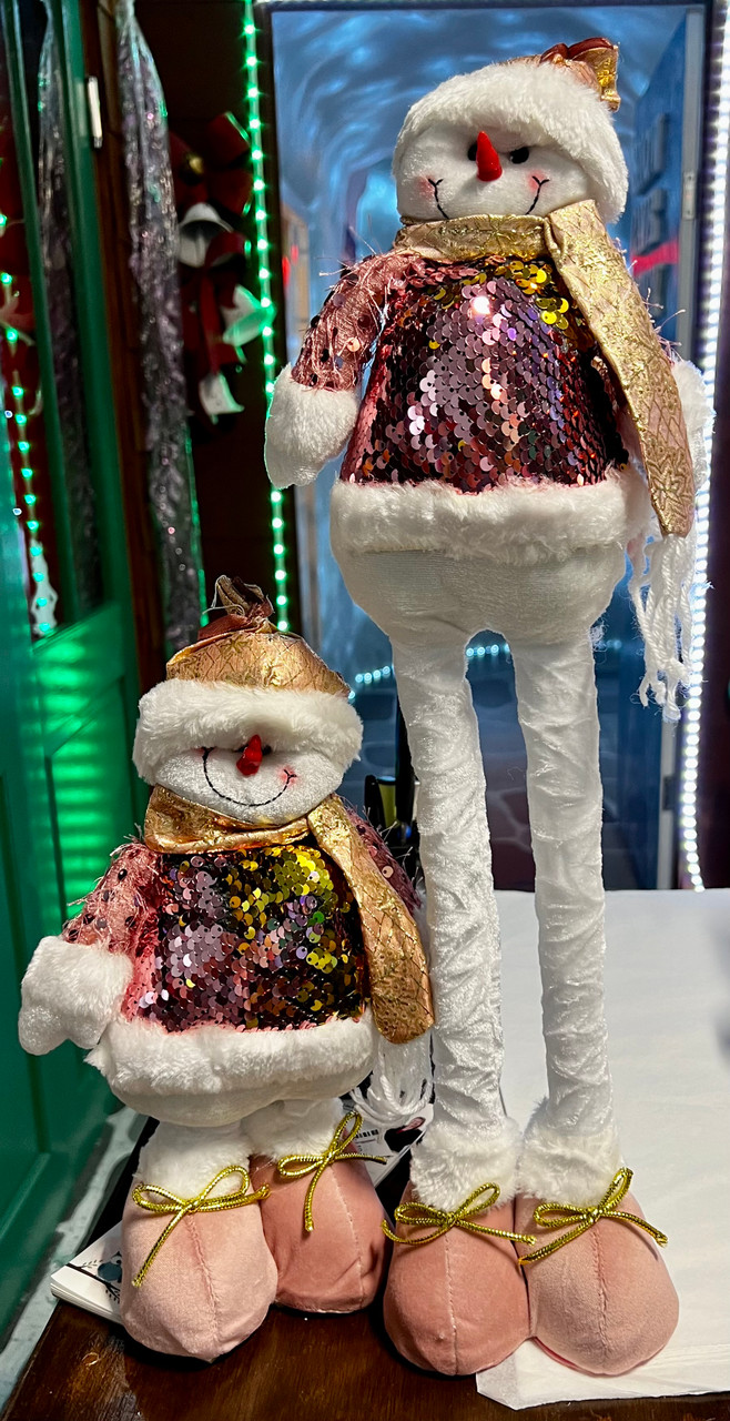 Medium Pink Sequin Retractable Legs Snowman