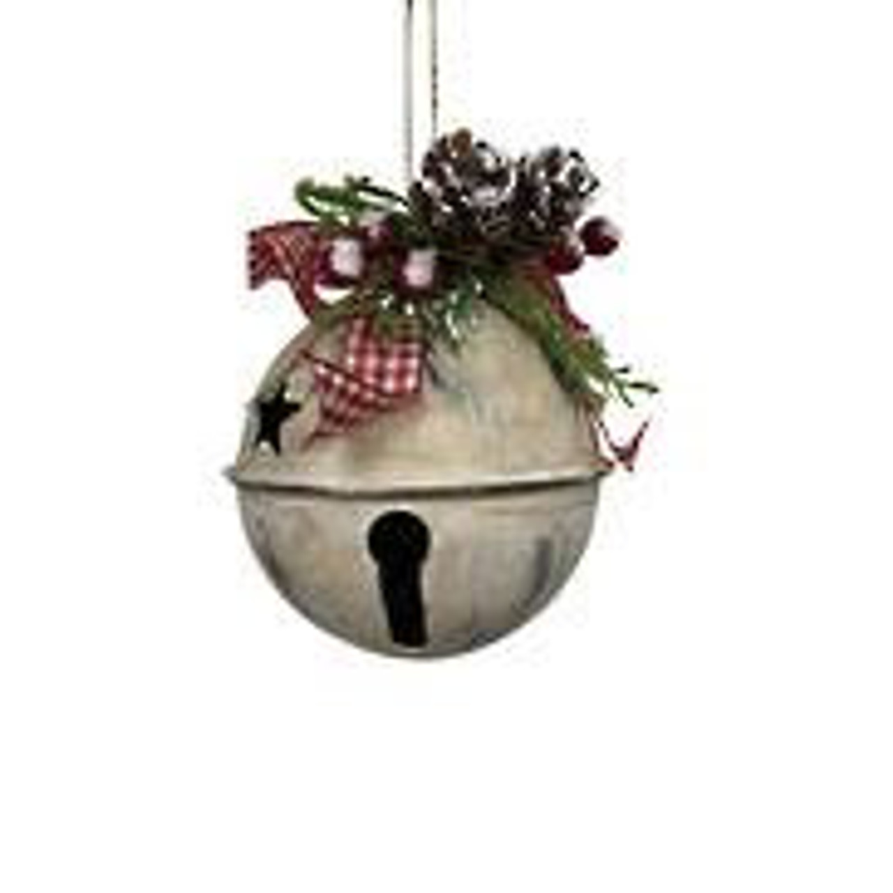 Aged White Metal Bell Red/White Ribbon Hanger