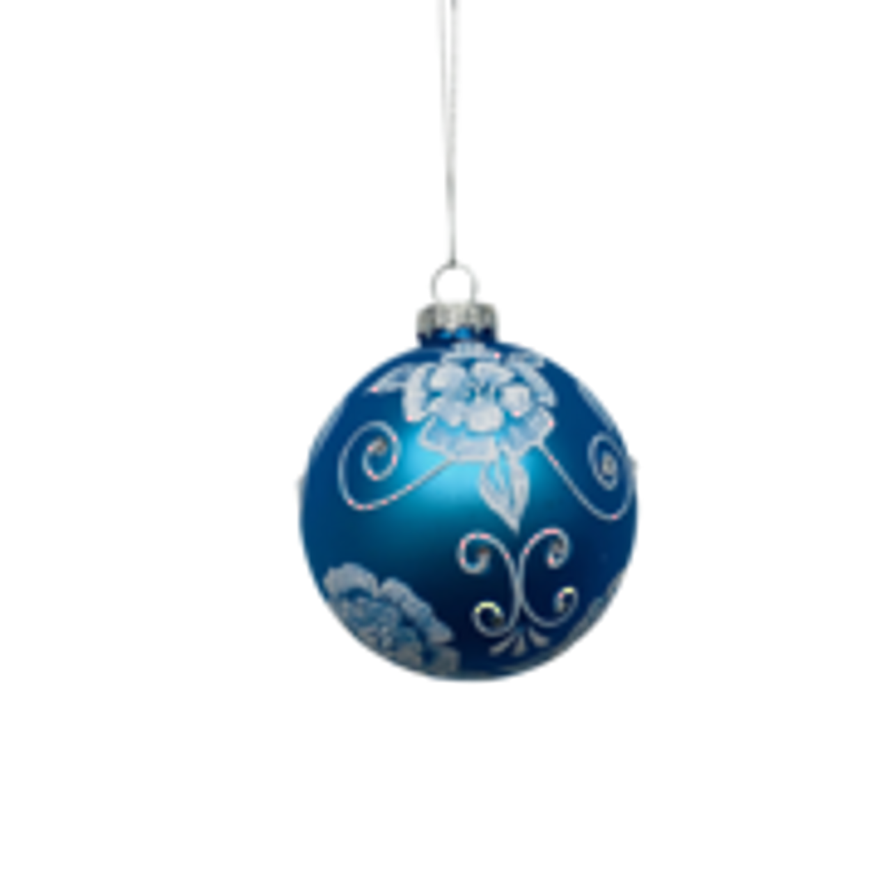 8cm D Blue Glass Ball with White Florals