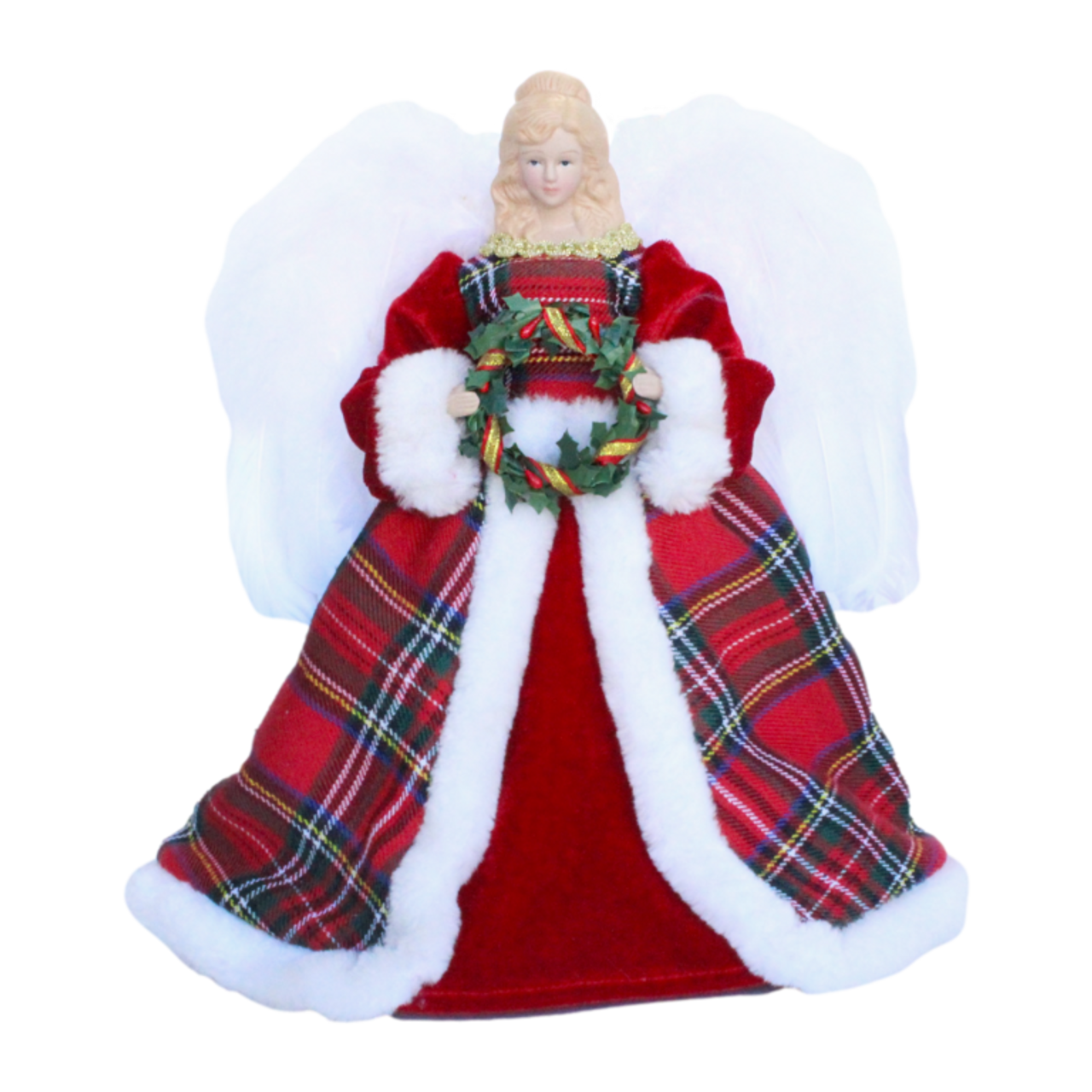 Tree Top Angel w Tartan Dress & Fur Trim 30cm