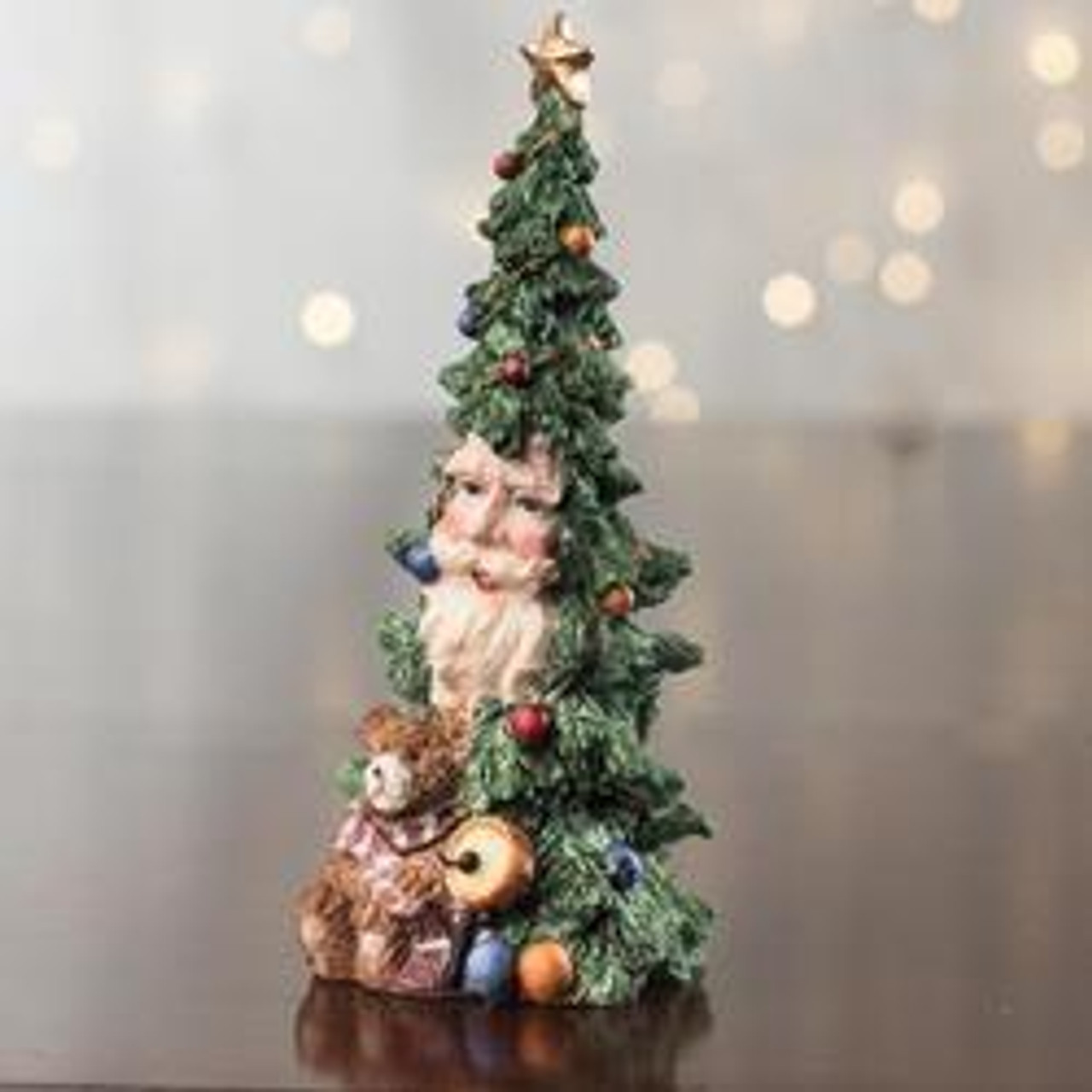 Santa in Tree with Bear and Drum Figurine