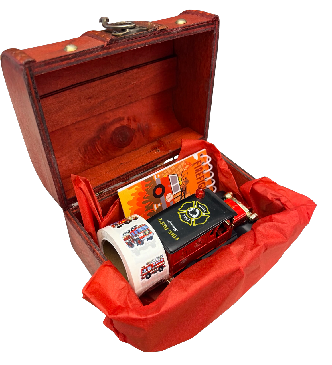 Wooden Gift Boxed Set - Light-up, Sounds, Push-back Fire Truck with Stickers and Sticker Book