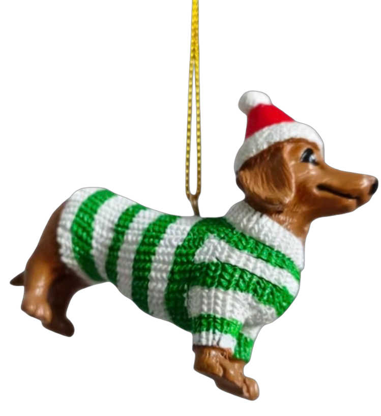 Resin Sausage Dog with Green/White Striped Jersey Tree Hanger