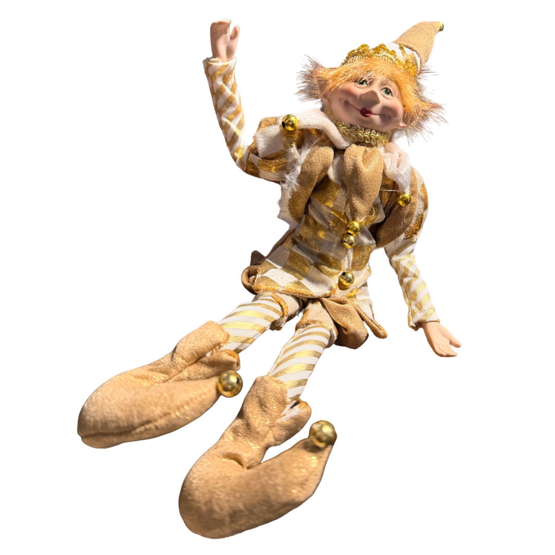 35cm H Flexible Gold/Cream Check Poseable Elf