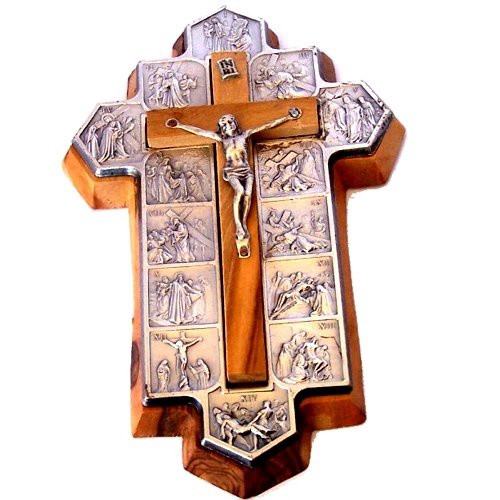 Olive Wood Crucifix with Etched Icons on Metal