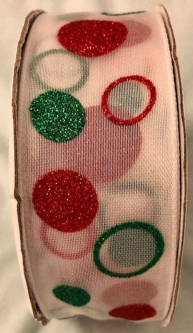 Ribbon - White with Green/Red Glitter Circles Metallic Wired - per metre