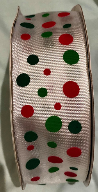 White Satin Ribbon with Green/Red Polka Dots - per metre White Satin Ribbon with Green/Red Polka Dots - per metre