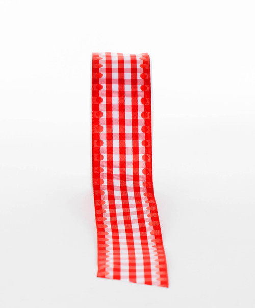 Gingham Spot Ribbon Red/White w Coral Spot - per metre