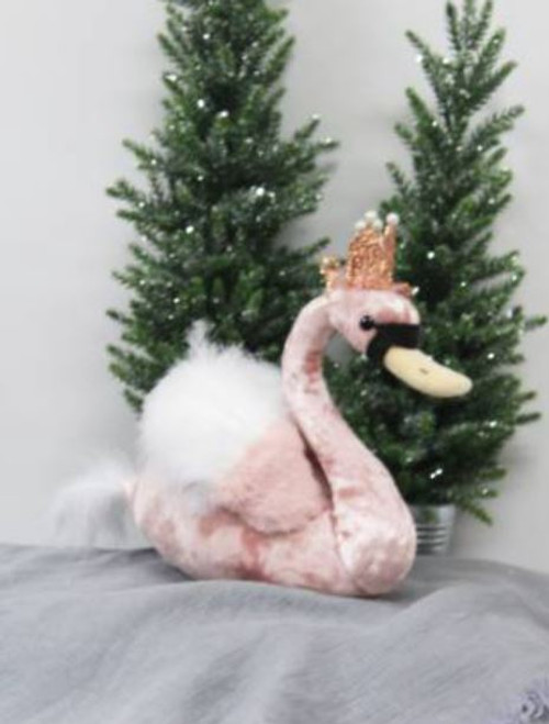 Dusky Pink Velvet Swan w Crown 25cm