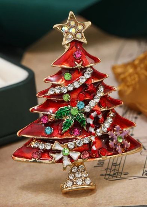 Red Enamel and Gems Christmas Tree Brooch