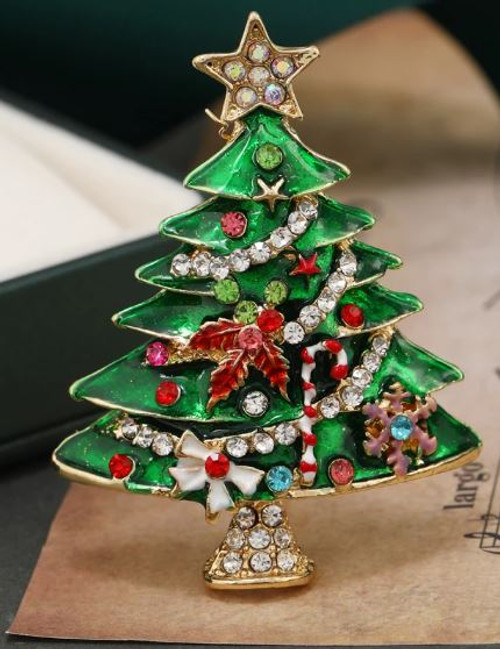 Green Enamel and Gems Christmas Tree Brooch