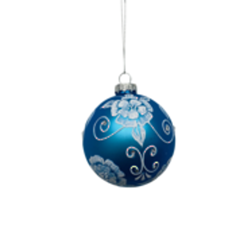 8cm D Blue Glass Ball with White Florals