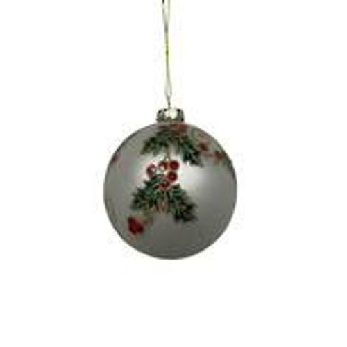 8cm d White Ball with Holly Glass Hanger