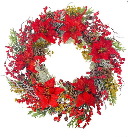 Red Poinsettia/Bead Berry/Cedar Wreath