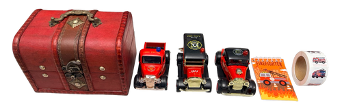 Wooden Gift Boxed Set - Light-up, Sounds, Push-back Fire Truck with Stickers and Sticker Book