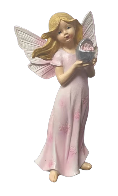Pink Resin Angel Holding Bucket of Flowers
