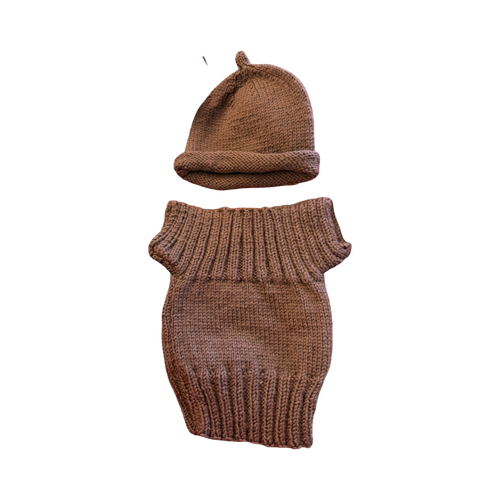 Brown Newborn Pure Wool Handknitted Beanie and Singlet Set
