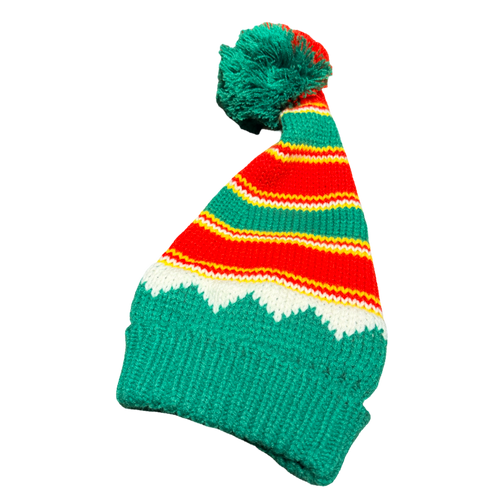 Red, White, Gold and Green Knitted Santa Hat with Pom Pom
