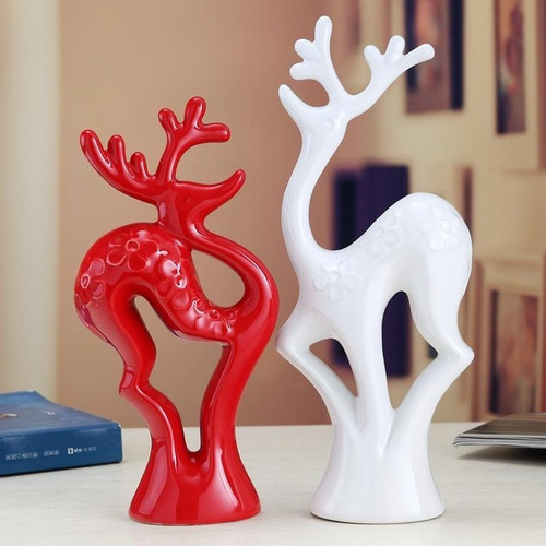 Set of 2 Red and White Ceramic Reindeer