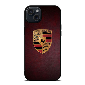 PORSCHE CAR LOGO ON RED LEATHER iPhone 15 Plus Case Cover