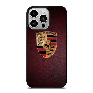 PORSCHE CAR LOGO ON RED LEATHER iPhone 14 Pro Case Cover
