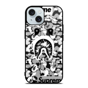 BAPE SHARK LOGO SUPREME BLACK WHITE iPhone 15 Case Cover BAPE SHARK LOGO SUPREME BLACK WHITE iPhone 15 Case Cover