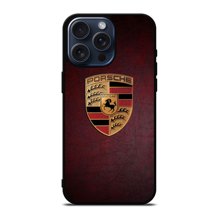 PORSCHE CAR LOGO ON RED LEATHER iPhone 15 Pro Max Case Cover