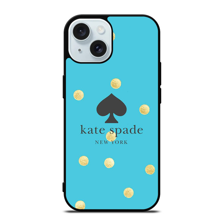 KATE SPADE NEW YORK LOGO BLUE GOLDEN POLKADOTS iPhone 15 Case Cover