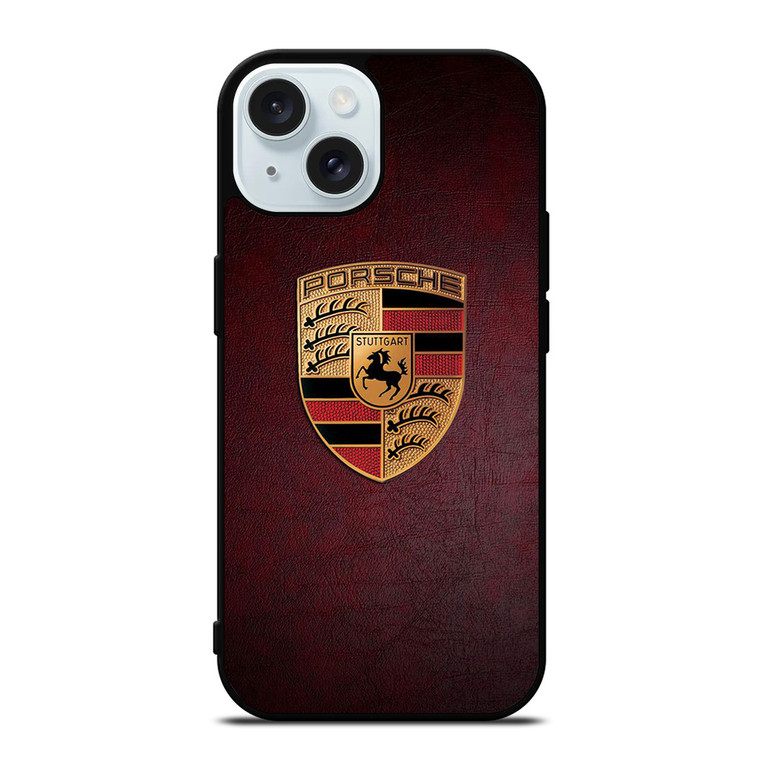 PORSCHE CAR LOGO ON RED LEATHER iPhone 15 Case Cover