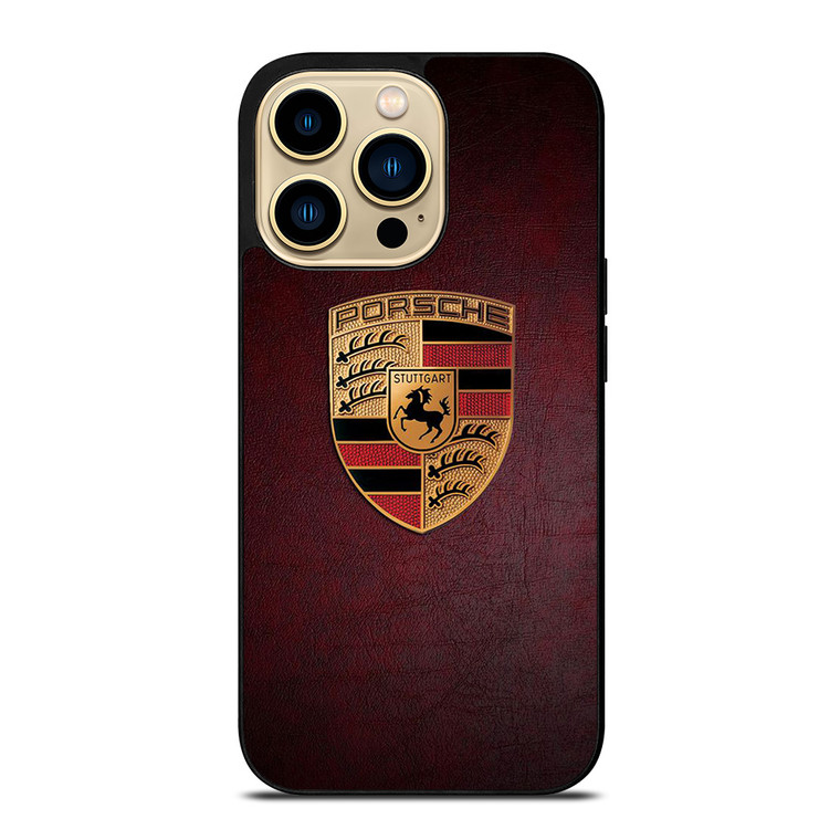 PORSCHE CAR LOGO ON RED LEATHER iPhone 14 Pro Max Case Cover