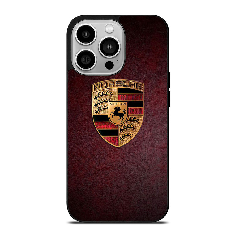 PORSCHE CAR LOGO ON RED LEATHER iPhone 14 Pro Case Cover