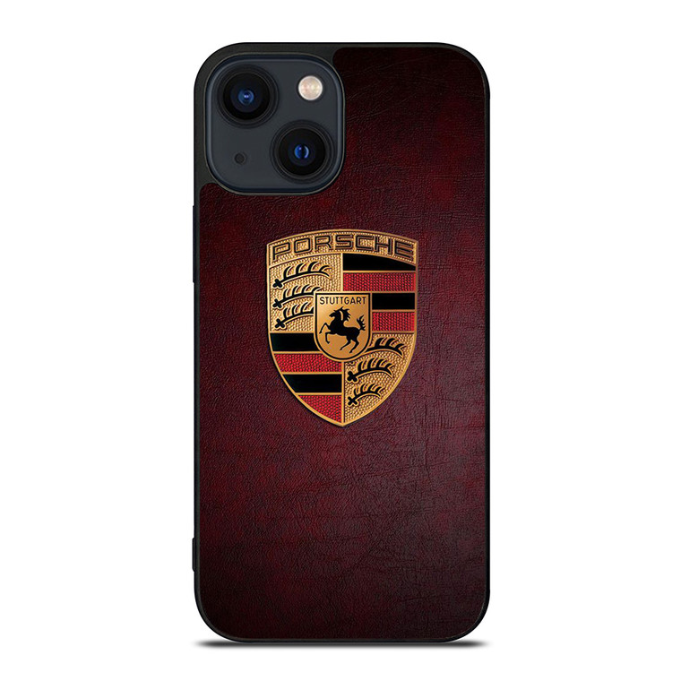 PORSCHE CAR LOGO ON RED LEATHER iPhone 14 Plus Case Cover