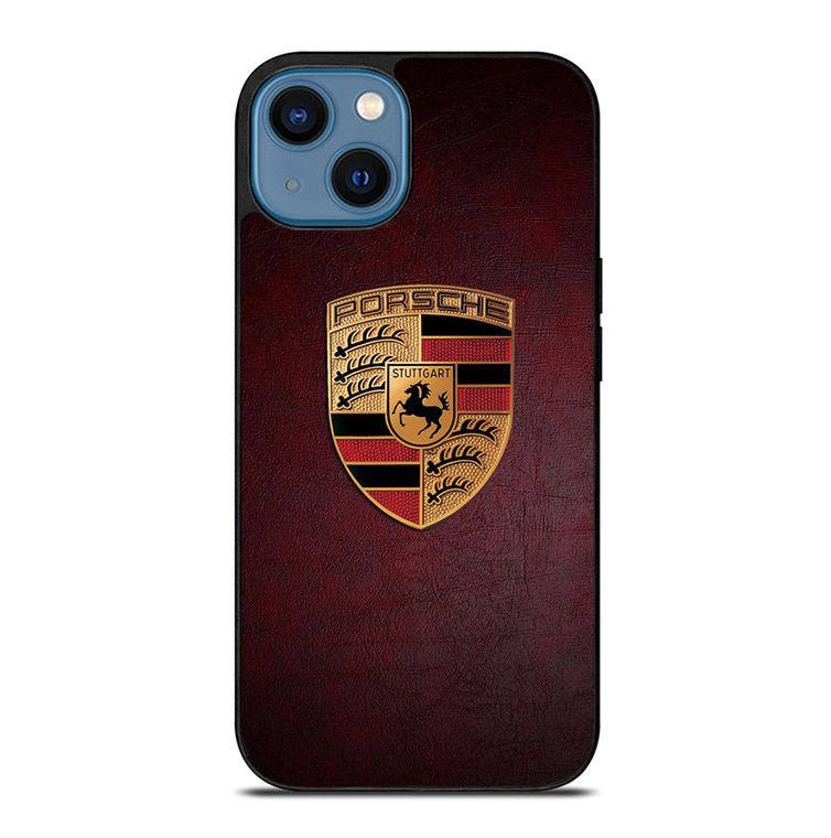PORSCHE CAR LOGO ON RED LEATHER iPhone 14 Case Cover