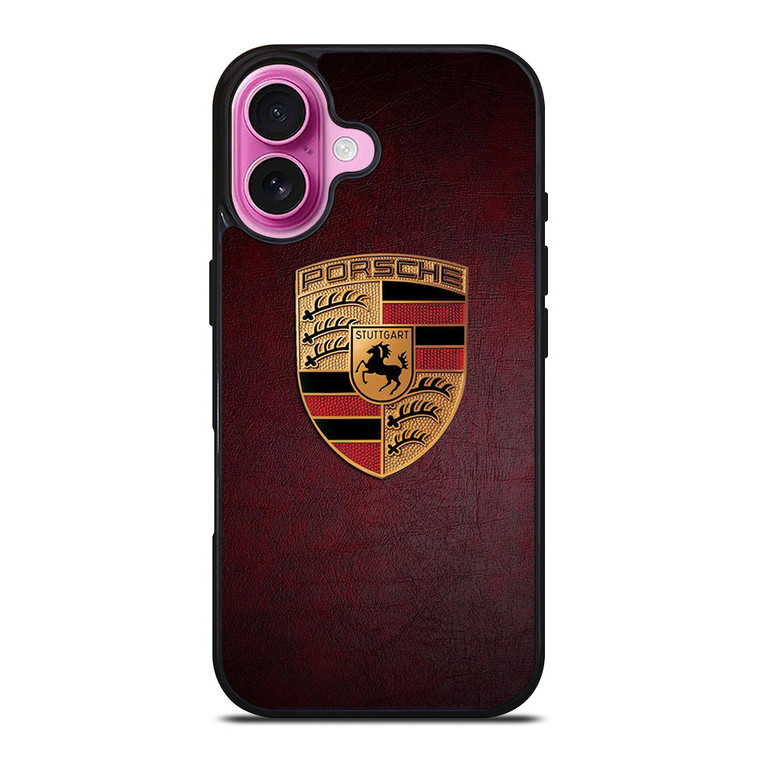 PORSCHE CAR LOGO ON RED LEATHER iPhone 16 Plus Case Cover