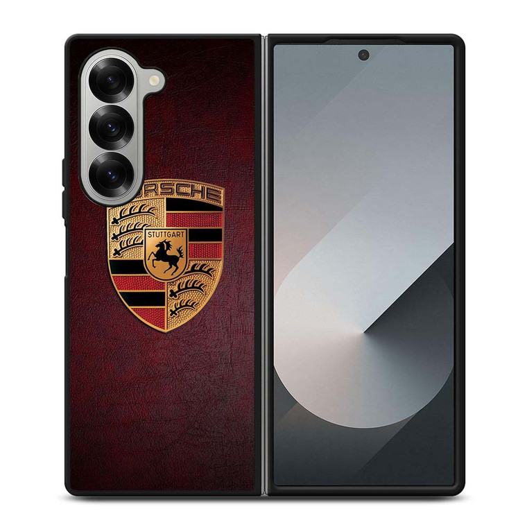 PORSCHE CAR LOGO ON RED LEATHER Samsung Galaxy Z Fold 6 Case Cover
