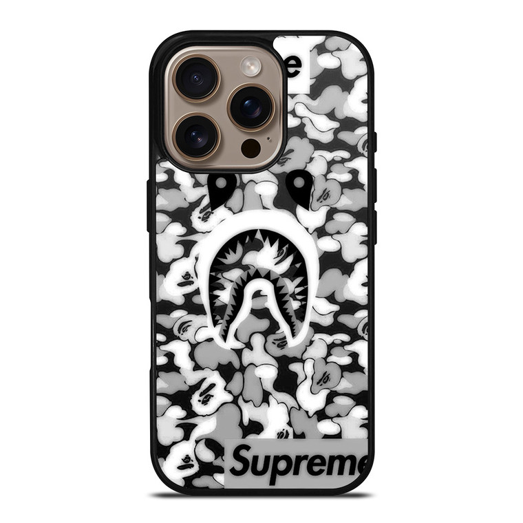 BAPE SHARK LOGO SUPREME BLACK WHITE iPhone 16 Pro Case Cover