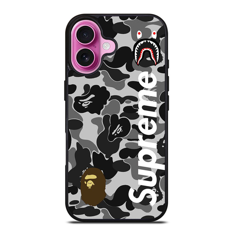 BAPE CAMO SHARK LOGO X SUPREME iPhone 16 Plus Case Cover