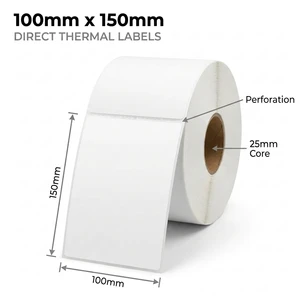 White 100mm x 150mm (4x6) direct thermal label roll on a 25mm core, 400 labels per roll, perforated