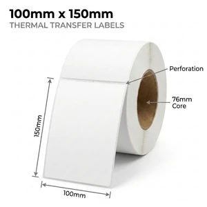 White 100mm x 150mm (4x6) thermal transfer label roll on a 76mm core, 1000 labels per roll, perforated