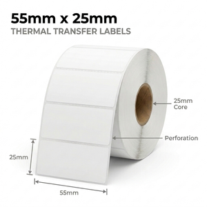 White 55mm x 25mm thermal transfer label roll on a 25mm core, 2000 labels per roll, perforated