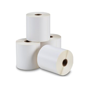 White 100mm x 100mm direct thermal label roll on a 76mm core, 1500 labels per roll, perforated