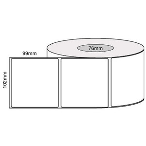 White 102mm x 99mm direct thermal label roll on a 76mm core, 1500 labels per roll, perforated
