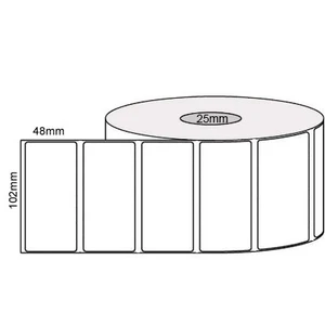 White 102mm x 48mm direct thermal label roll on a 25mm core, 1250 labels per roll