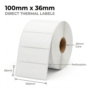 White 100mm x 36mm direct thermal label roll on a 25mm core, 750 labels per roll, perforated