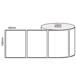 White 100mm x 60mm direct thermal label roll on a 25mm core, 500 labels per roll