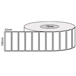 White 102mm x 23mm thermal transfer label roll on a 76mm core, 4000 labels per roll, perforated